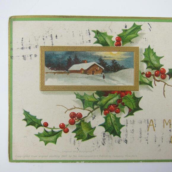 Christmas Postcard Snowy Cabin Holly Berries Clapsaddle Gold Embossed Antique - Picture 2 of 12